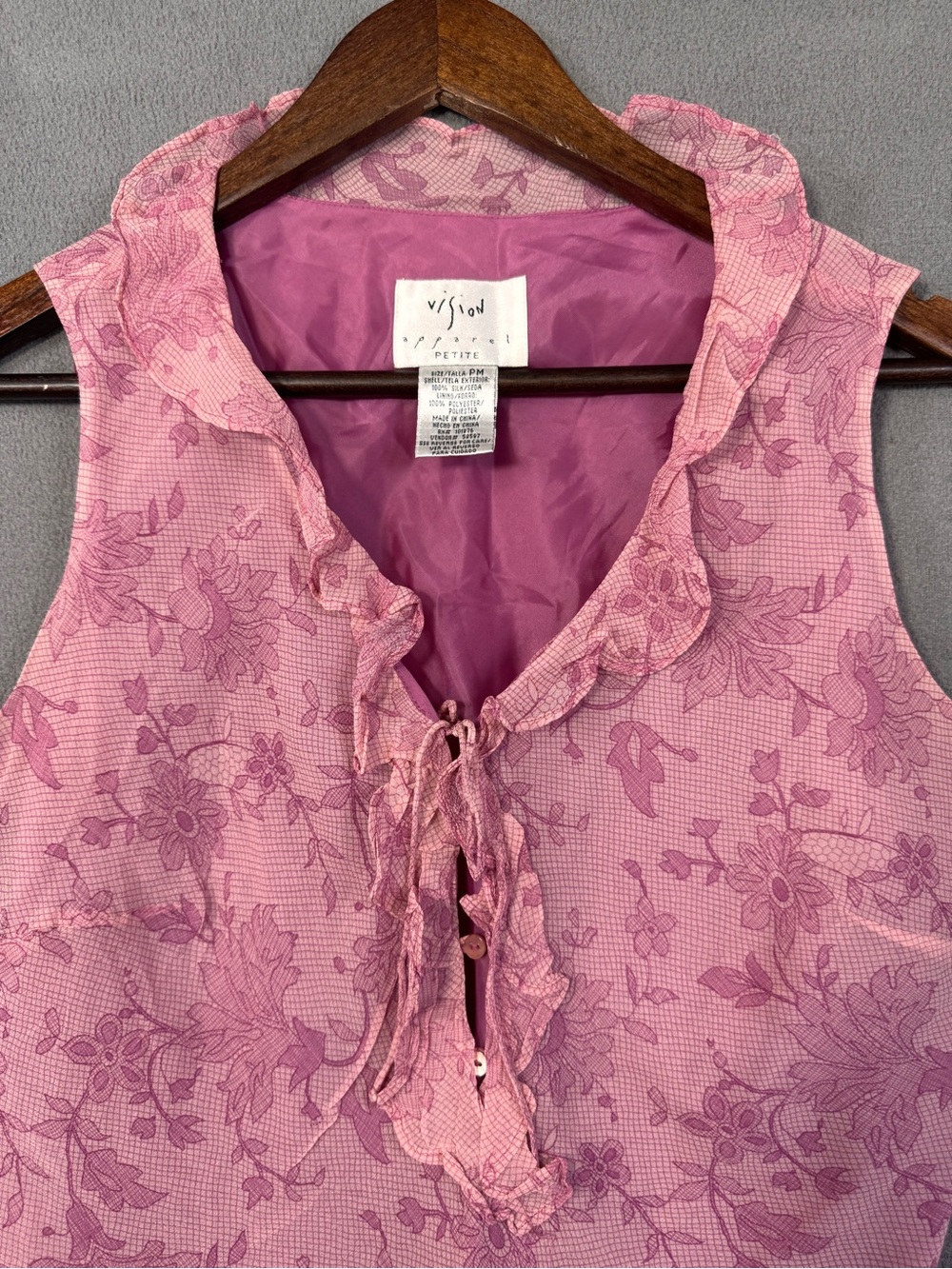Vintage Y2K  ✨ Fairy 🧚 Sleeveless Pink Floral Ruffle Tie V Neck Silk Top, M - Picture 2 of 14